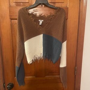 Rue21 Brown and Blue V-Neck Frayed cropped Sweater